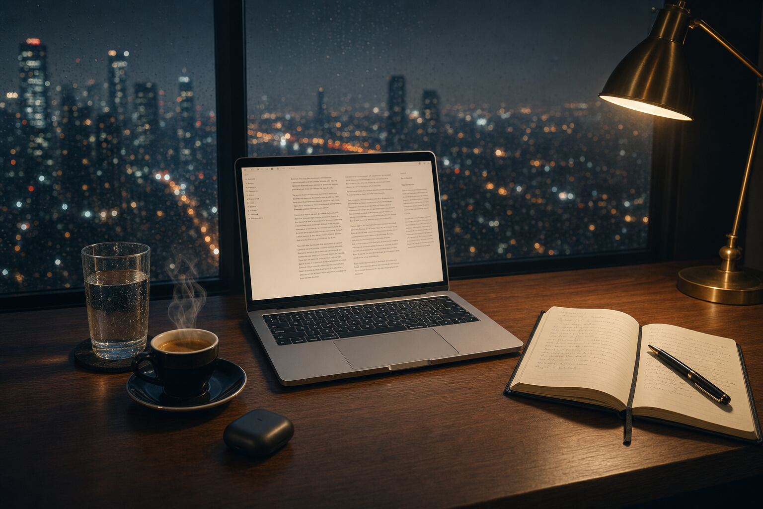 Aufgeräumter Schreibtisch mit Notizbuch, Laptop und Kaffeetasse, Symbol für tägliches öffentliches Schreiben und fokussierte Arbeit