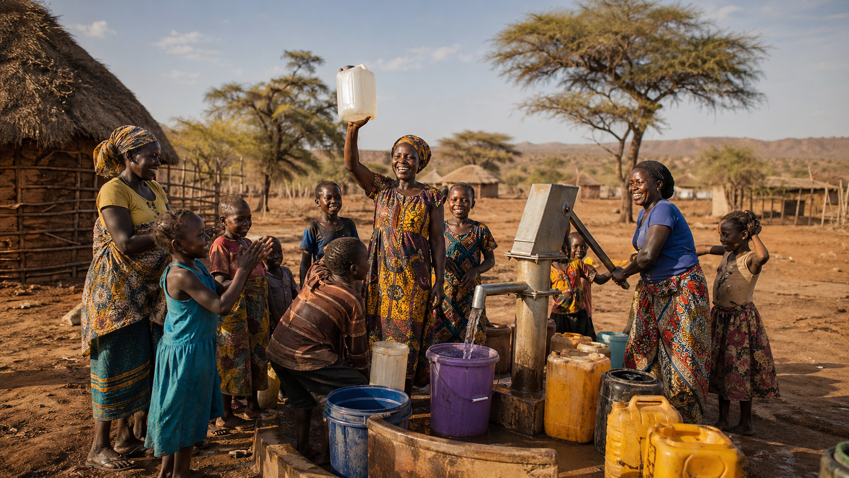 Afrikanische Gemeinde feiert an einem neuen Handpumpen-Brunnen - Frauen und Kinder mit Wasserkanistern