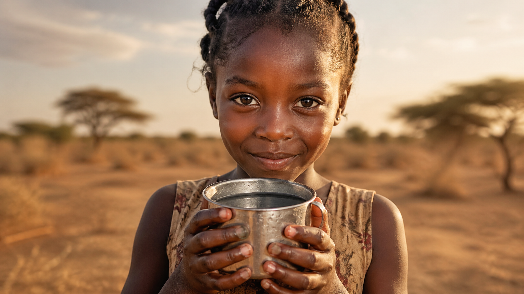 Afrikanisches Mädchen trinkt sauberes Wasser aus einem Metallbecher - Brunnenspende verändert Leben