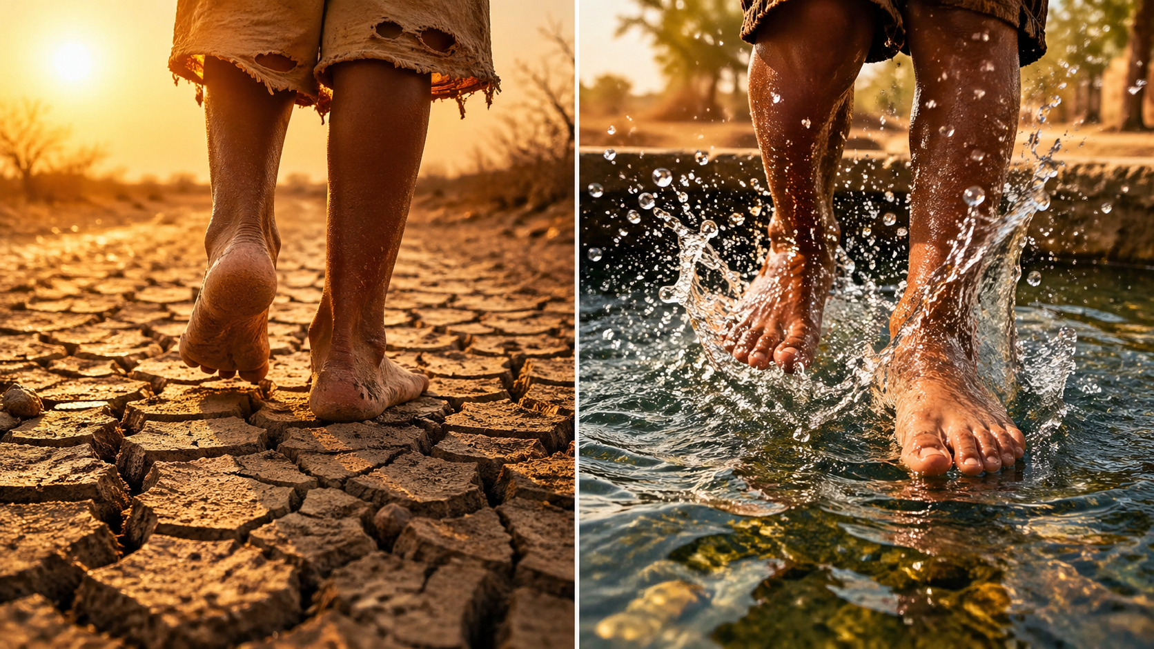 Vorher und nachher: Bare Füße auf ausgetrocknetem Boden vs. Füße im frischen Wasser - die Wirkung eines Brunnens