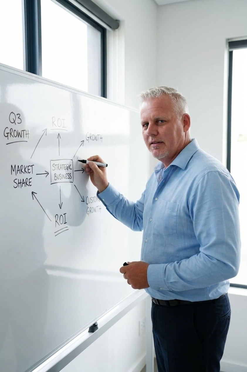 Maik Schwede am Whiteboard — Strategie-Session