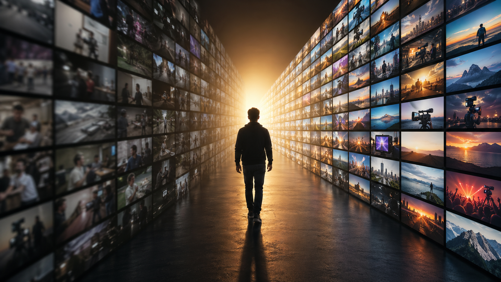 Silhouette eines Mannes vor hunderten Video-Bildschirmen - die Content-Flut auf YouTube durchbrechen