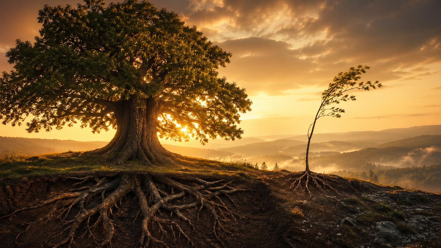Großer alter Baum mit tiefen Wurzeln neben jungem Bäumchen im Sonnenuntergang - Erfahrung als Fundament für YouTube-Erfolg