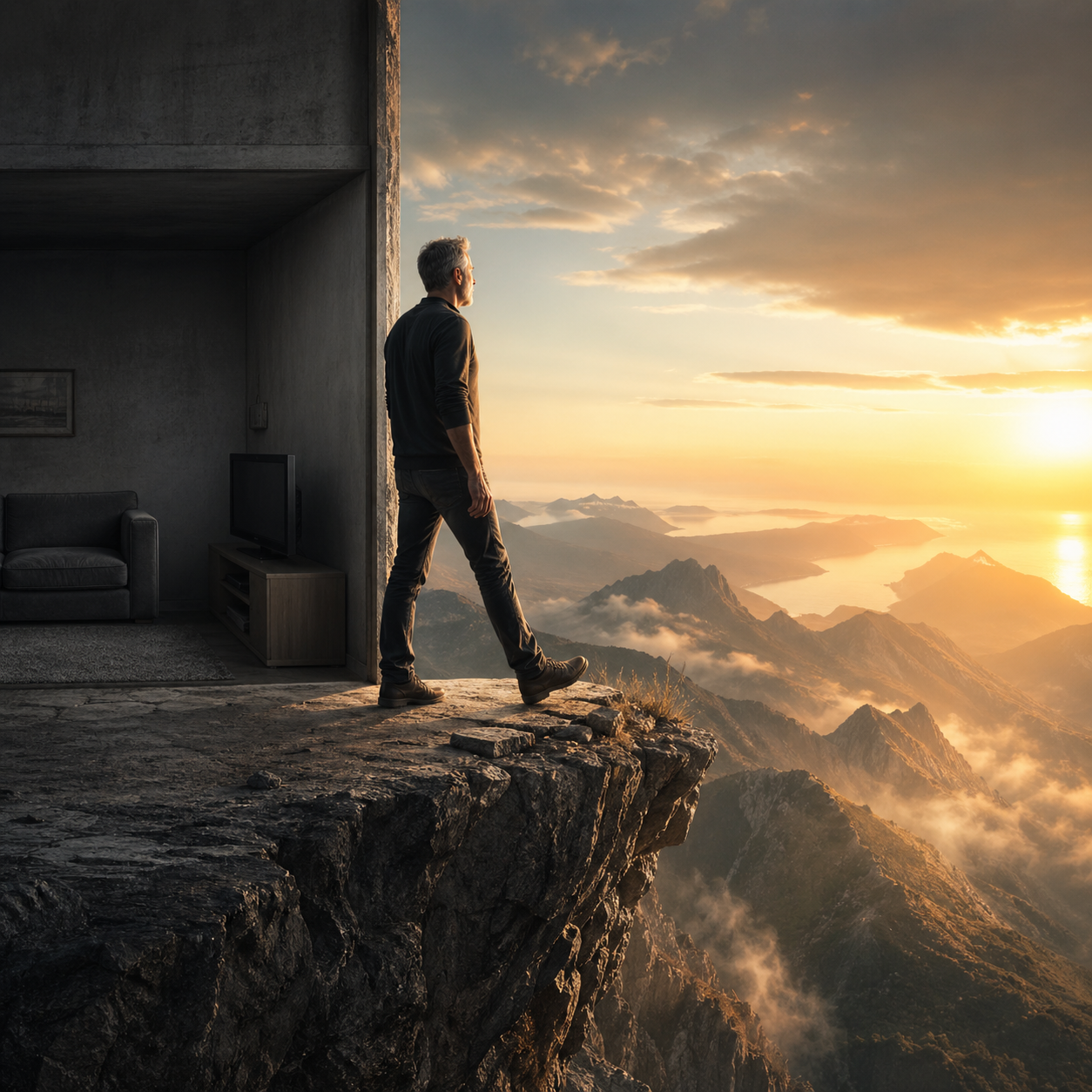 Mann tritt aus seiner Komfortzone auf eine Klippe mit Blick auf Berge und Sonnenaufgang - Mut zum YouTube-Start