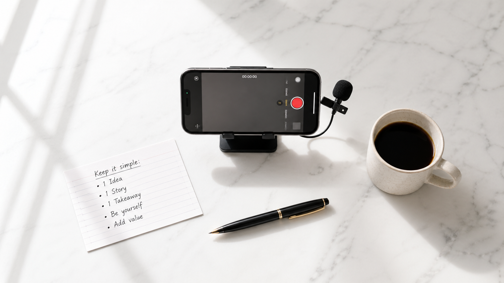 Minimalistisches YouTube-Setup: Smartphone auf Stativ, Ansteckmikrofon, Notizzettel mit Keep it simple und Kaffeetasse